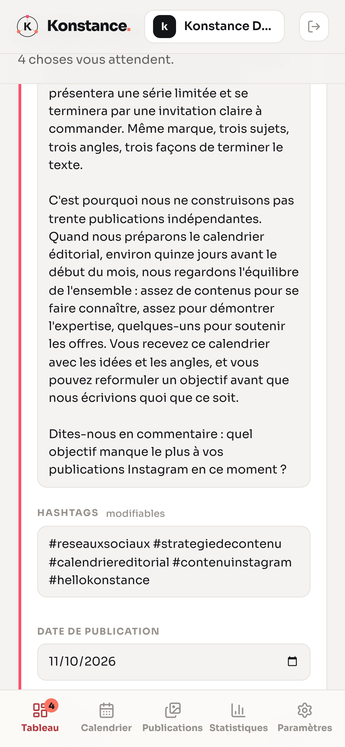 Le post terminé : légende et hashtags modifiables avant validation